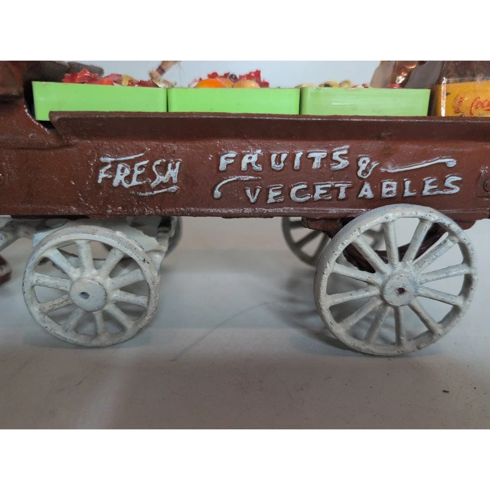 ANTIQUE Cast Iron Fruit Vegetable Wagon Horses Vintage Rustic Primitive Driver
